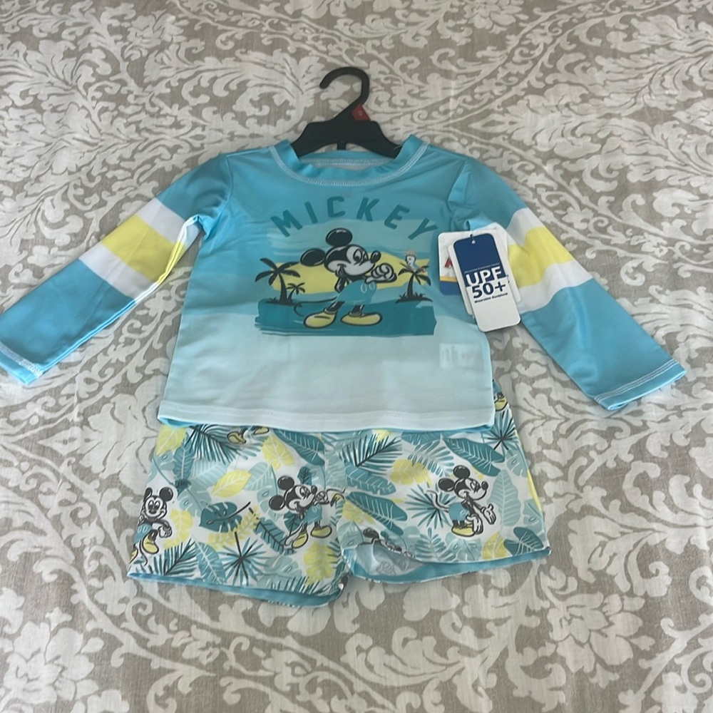 Boy’s 18 month Disney Mickey Mouse 2 piece rash guard swim trunk set.